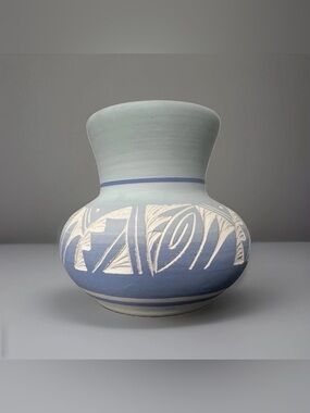 Navajo Art Pottery Blue Vase Sgraffito Etched Signed Marie Begay Kanuho 4.5” USA